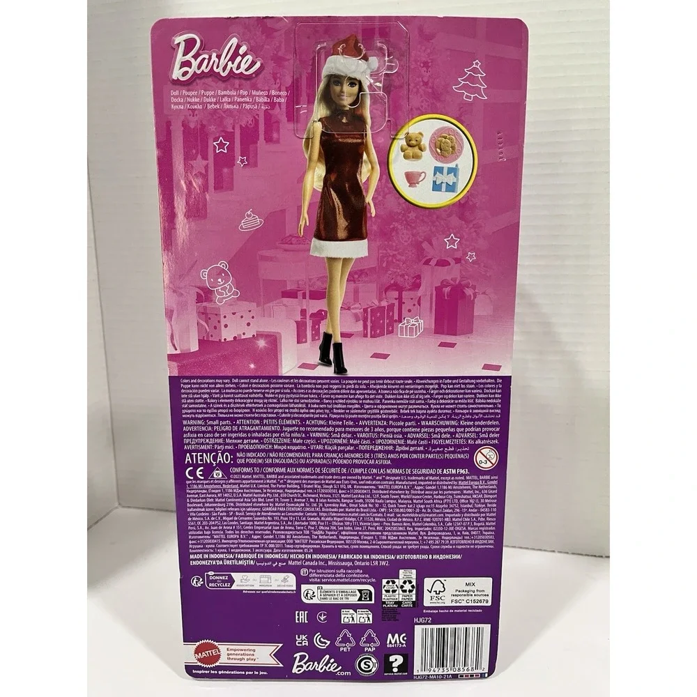 BARBIE DOLL HOLIDAY RED DRESS SANTA HAT BLONDE CHRISTMAS ACCESSORIES COOKIES NEW